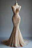 Mermaid Deep V Neck Tulle Sequin Beaded Long Prom Dress Sexy Evening Dress HZ1024