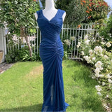Midnight Blue Mermaid Gown ??V Neck Pretty Prom Dress for Events&Party HZ1024