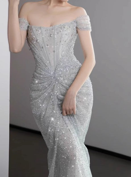 Gown?? Off The Shoulder Tulle Sequins Long Prom Dress for Formal Events &Quinceanera HZ1024