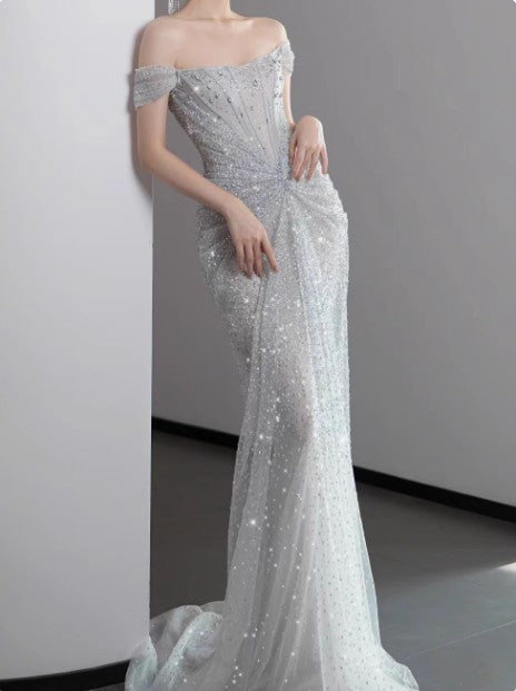 Gown?? Off The Shoulder Tulle Sequins Long Prom Dress for Formal Events &Quinceanera HZ1024