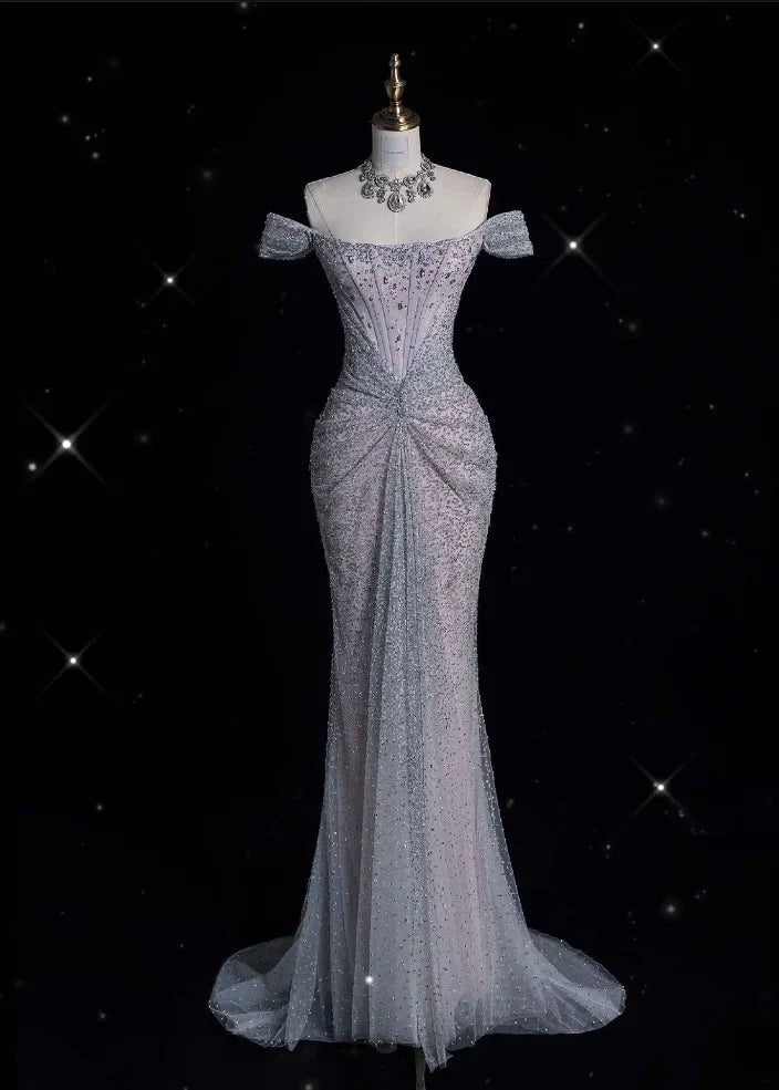 Gown?? Off The Shoulder Tulle Sequins Long Prom Dress for Formal Events &Quinceanera HZ1024