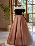 Off Shouder Satin Brown Long Prom Dress, Brown Long Formal Dress HZ1024