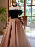Off Shouder Satin Brown Long Prom Dress, Brown Long Formal Dress HZ1024