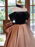 Off Shouder Satin Brown Long Prom Dress, Brown Long Formal Dress HZ1024
