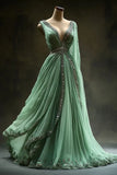 A-Line V Neckline Green Tulle Long Prom Dress Sweet Beaded Evening Dress HZ1024