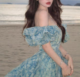 A-Line off-shoulder organza print Long Prom Dress Birthday Adult Ceremony Dress HZ1024