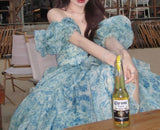 A-Line off-shoulder organza print Long Prom Dress Birthday Adult Ceremony Dress HZ1024