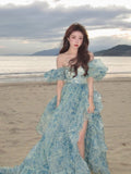 A-Line off-shoulder organza print Long Prom Dress Birthday Adult Ceremony Dress HZ1024