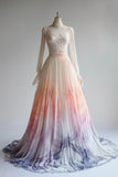 Chiffon Applique Long Sleeve Wedding Dress Round Neck Sequin Tulle Long Prom Dress HZ1024