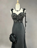 Black Mermaid Satin Beaded Sequin Long Prom Dress, Sweetheart Neck Evening Dress HZ1024
