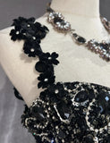 Black Mermaid Satin Beaded Sequin Long Prom Dress, Sweetheart Neck Evening Dress HZ1024