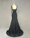 Black Mermaid Satin Beaded Sequin Long Prom Dress, Sweetheart Neck Evening Dress HZ1024