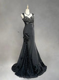 Black Mermaid Satin Beaded Sequin Long Prom Dress, Sweetheart Neck Evening Dress HZ1024