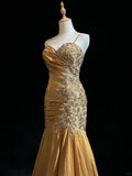 Green Mermaid Spaghetti Strap Satin Beaded Sequin Long Prom Dress Sweetheart Neck Evening Dress HZ1024
