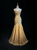 Green Mermaid Spaghetti Strap Satin Beaded Sequin Long Prom Dress Sweetheart Neck Evening Dress HZ1024
