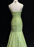 Green Mermaid Spaghetti Strap Satin Beaded Sequin Long Prom Dress Sweetheart Neck Evening Dress HZ1024
