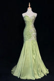 Green Mermaid Spaghetti Strap Satin Beaded Sequin Long Prom Dress Sweetheart Neck Evening Dress HZ1024