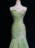 Green Mermaid Spaghetti Strap Satin Beaded Sequin Long Prom Dress Sweetheart Neck Evening Dress HZ1024