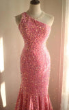 Pink Mermaid One Shoulder Sequined Pleated Long Prom Dress Backless Evening Dress HZ1024