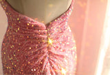 Pink Mermaid One Shoulder Sequined Pleated Long Prom Dress Backless Evening Dress HZ1024
