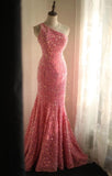 Pink Mermaid One Shoulder Sequined Pleated Long Prom Dress Backless Evening Dress HZ1024
