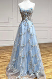 A-Line Sweetheart Tulle Appliques Long Prom Dress, Strapless Evening Dress HZ1024