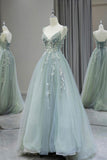 V Neck Tulle Beaded Applique Long Prom Dress, Spaghetti Strap Formal Evening Dress HZ1024