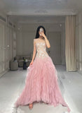 Mermaid Strapless Tulle Sequined Long Prom Dress, Sweet Embroidered Applique Wedding Dress HZ1024