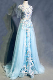 Sky Blue A-Line Tulle Beading Embroidery Appliques Long Prom Dress Pageant Gown HZ1024
