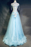 Sky Blue A-Line Tulle Beading Embroidery Appliques Long Prom Dress Pageant Gown HZ1024