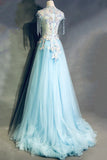Sky Blue A-Line Tulle Beading Embroidery Appliques Long Prom Dress Pageant Gown HZ1024