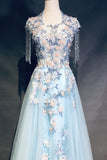 Sky Blue A-Line Tulle Beading Embroidery Appliques Long Prom Dress Pageant Gown HZ1024