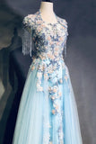 Sky Blue A-Line Tulle Beading Embroidery Appliques Long Prom Dress Pageant Gown HZ1024