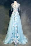 Sky Blue A-Line Tulle Beading Embroidery Appliques Long Prom Dress Pageant Gown HZ1024