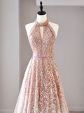 Halter Neck Sequined Tulle Long Prom Dress, Formal Evening Dress HZ1024