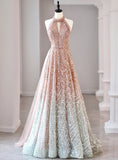 Halter Neck Sequined Tulle Long Prom Dress, Formal Evening Dress HZ1024