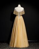 A-Line Tulle Beading Sequins Long Prom Dress Lotus Leaf Sleeve Evening Dress HZ1024