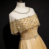A-Line Tulle Beading Sequins Long Prom Dress Lotus Leaf Sleeve Evening Dress HZ1024