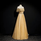 A-Line Tulle Beading Sequins Long Prom Dress Lotus Leaf Sleeve Evening Dress HZ1024