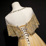 A-Line Tulle Beading Sequins Long Prom Dress Lotus Leaf Sleeve Evening Dress HZ1024