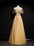 A-Line Tulle Beading Sequins Long Prom Dress Lotus Leaf Sleeve Evening Dress HZ1024