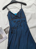 Blue Mermaid Spaghetti Strap Tulle Beading Long Prom Dress V-Neck Vintage Party Dress HZ1024