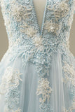 Blue A-Line Spaghetti Strap Tulle Beading Long Prom Dress Sweet Embroidery Applique Evening Dress for Graduation HZ1024
