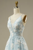 Blue A-Line Spaghetti Strap Tulle Beading Long Prom Dress Sweet Embroidery Applique Evening Dress for Graduation HZ1024