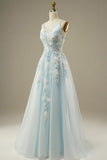 Blue A-Line Spaghetti Strap Tulle Beading Long Prom Dress Sweet Embroidery Applique Evening Dress for Graduation HZ1024