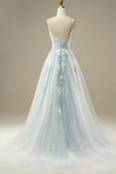Blue A-Line Spaghetti Strap Tulle Beading Long Prom Dress Sweet Embroidery Applique Evening Dress for Graduation HZ1024