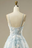 Blue A-Line Spaghetti Strap Tulle Beading Long Prom Dress Sweet Embroidery Applique Evening Dress for Graduation HZ1024