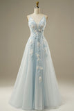 Blue A-Line Spaghetti Strap Tulle Beading Long Prom Dress Sweet Embroidery Applique Evening Dress for Graduation HZ1024