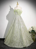 A-Line Off the Shoulder Glittering Tulle Sequins Long Prom Dress Sweet 16 Dress HZ1024