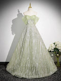 A-Line Off the Shoulder Glittering Tulle Sequins Long Prom Dress Sweet 16 Dress HZ1024